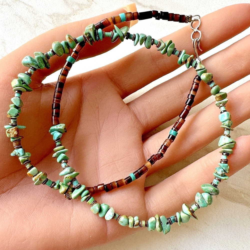 Native Amer Turquoise Bead Necklace 18" Natural Heishi Hand Strung Sterling Hook